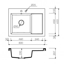 Мийка для кухні Marmorin Nero 1k 0,5o з крилом штучний камінь білий 714 113 006