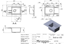 Мийка для кухні Miraggio Bodrum 64,9х50 см кварцовий пісок Mirastone total black 0002709