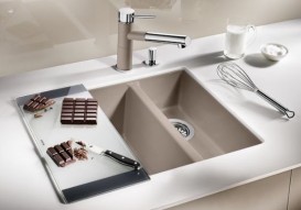 Мойка для кухни прямоугольная BLANCO SUBLINE 340/160-U SILGRANIT под столешницу  чаша слева  серый беж 523556