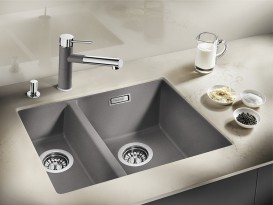 Мойка для кухни прямоугольная BLANCO SUBLINE 340/160-U SILGRANIT под столешницу  чаша справа  серый беж 523565