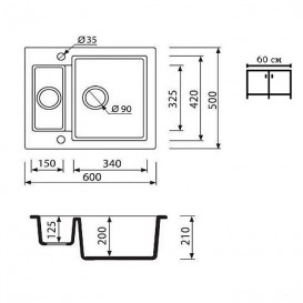 Мойка для кухни прямоугольная Буль-Буль Arizona 60х50х21.5 оборачиваемая врезная Магранит белый 105060001