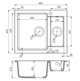 Мойка для кухни Sink Quality Ferrum 5KBO 60,5x49,5x21 с переливом наногранит белый FER.W.5KBO.X