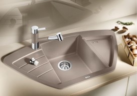 Мийка для кухні кутова BLANCO ZIA 9 E SILGRANIT трапециевидная врізна сірий беж 514763