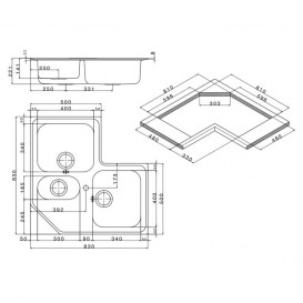 Мийка для кухні кутова на подвійна з додатковою чашею врізна Apell Angolo нержавіюча сталь Вrushed ROAN3IAC