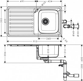 Мийка для кухні вбудована Hansgrohe S41 S4111-F340 нержавіюча сталь 43340800