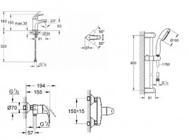 Набір змішувачів для ванної Grohe Bau Curve 3 в 1 з душовим гарнітуром хром 122216S