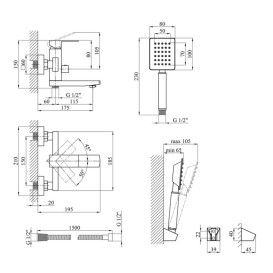 Набор смесителей для ванной Kroner Edelstahl Kubus-ESG010 + смеситель Edelstahl Kubus-ESG060 + штанга для душа никель CVS30151