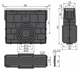 Пескоуловитель для дренажного каналу AlcaPlast AVZ103 з металевою рамою і чавунною решіткою D400 AVZ103R-R201