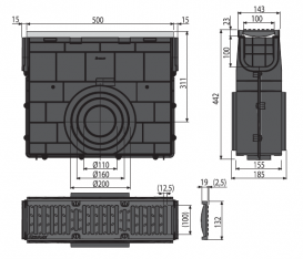 Пескоуловитель для дренажного каналу AlcaPlast AVZ103 з металевою рамою і чавунною решіткою С250 AVZ103R-R202