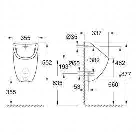 Писсуар подвесной Grohe Bau Ceramic 55.2х33.7х35.5 скрытый монтаж альпин-белый 39438000