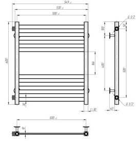 Сушка для рушників водяна Deffi Magnus П8 500х600 бічне ліве підключення білий A.MA.60.50.8.W.B