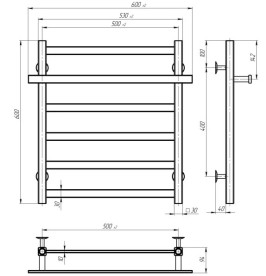 Сушка для рушників водяна Deffi Nicolе П6 500х600 бічне праве підключення чорний A.NI.60.50.6.B.C