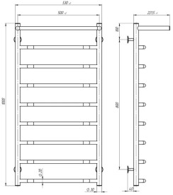 Полотенцесушитель водяной Deffi Трапеция с полкой П9 500х1000 боковое правое подключение черный C.TP.100.50.9.B.C