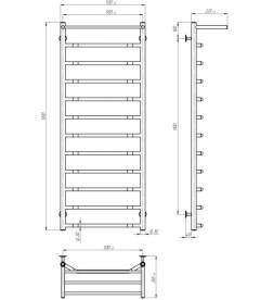 Полотенцесушитель водяной Deffi Трапеция с полкой П12 500х1300 боковое левое подключение черный C.TP.130.50.12.B.B