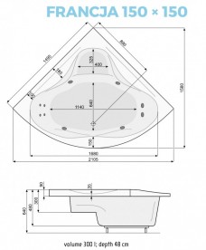 Ванна акрилова кутова PoolSpa колекція Francja 150х150 з рамою білий PWS3410ZS000000