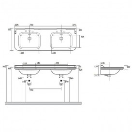 Раковина для ванной двойная Kerasan Waldorf подвесная 150х55 см санфарфор черный глянцевый хром 4143K4