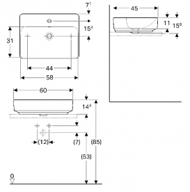 Раковина для ванної кімнати Geberit VariForm 60х45 см з полицею для отвори під змішувач з переливом прямокутна білий 500.780.01.2