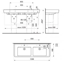 Раковина для ванной Laufen Pro А подвесная двойная 130 см белый с покрытием LCC H8149674001041