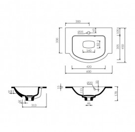 Раковина для ванной Marmorin Emma 600  врезная без крыла литой камень белый  639 060 020 xx x