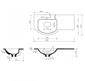 Раковина для ванної Marmorin Emma 900 R врізна з крилом зліва литий камінь білий 639 090 920 xx x