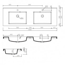 Раковина для ванної Marmorin Greta 1500 D врізна без крила литий камінь білий P_U_546_08_1500