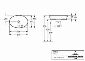 Раковина для ванної накладна Villeroy & Boch ARTIS 61x41 см без відп. під змішувач альпін біла 419861R1