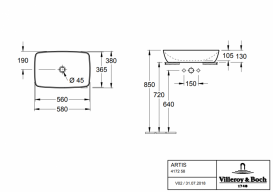 Раковина для ванної накладна Villeroy & Boch ARTIS 58x38x12.5 см без відп. під змішувач альпін біла 417258R1