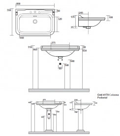 Раковина для ванної підвісна або на п'єдестал Kerasan Waldorf 80x55 санфарфор чорний глянсовий золото 4141K5