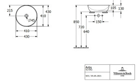 Раковина для ванной Villeroy & Boch Artis ⌀43 см без перелива TitanCeram fog 417943BCW0