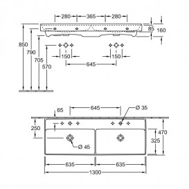 Раковина для ванної Villeroy & Boch Collaro 130x47 см подвійна з переливом білий альпійський TitanCeram 4A34D401