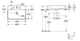 Раковина Villeroy & Boch Finion 60х44,5 см со скрытым переливом TitanCeram CeramicPlus каменный белый 414264RW
