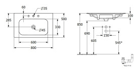 Раковина Villeroy & Boch Finion 80х50 см без перелива TitanCeram CeramicPlus альпийский белый 416481R1