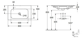 Раковина Villeroy & Boch Finion 80х50 см нешлифованная без перелива TitanCeram CeramicPlus каменный белый 416483RW