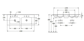 Раковина Villeroy & Boch Venticello подвійна 130х50 см із переливом санітарна кераміка CeramicPlus кам'яний білий 4111DLRW