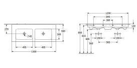 Раковина Villeroy & Boch Venticello двойная 130х50 см с переливом санитарная керамика CeramicPlus каменный белый 4111DJRW