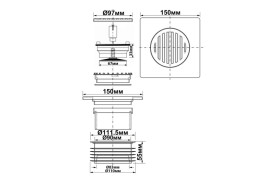 Решетка для душевого трапа McAlpine 150х150 мм с сухим затвором d110 мм нержавеющая сталь MRFGC3SNRV-110