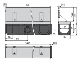 Щелевой дренажный канал AlcaPlast 160 мм с асимметричной надставкой из оцинкованной стали С250 AVZ101-R323