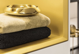 Шкафчик для ванной Villeroy & Boch Finion 41,8х93,6х27 см петли слева с подсветкой МДФ белый матовый лак/золотой матовый лак F500HFMT