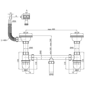 Сифон для кухонной мойки с 2 чашами Kroner KRP Siphon-012 3½''х40/50 мм серый CV023015