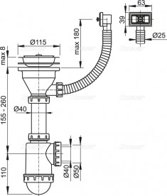 Сифон для мойки AlcaPlast с нержавеющей решёткой и гофропереливом A447-DN50/40