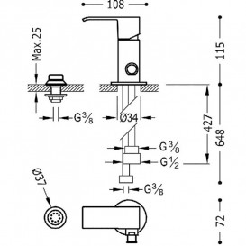 Змішувач для біде Tres Cuadro одноважільний з невеликою душовою лійкою золото 00613001OR
