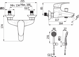 Смеситель для ванной Jika Deep однорычажный с ручным душем хром H3211U70041311