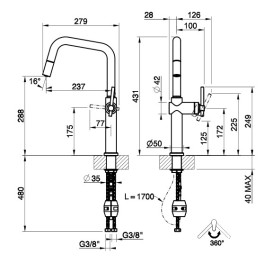 Смеситель для кухни Gessi Habito с выдвижной лейкой черный металл брашированный 60652#707