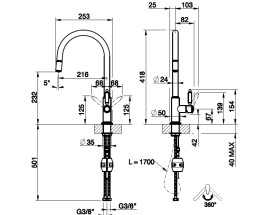 Смеситель для кухни Gessi Venti20 с выдвижной лейкой однорычажный черный металл брашированный 60622#707