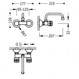 Змішувач для кухні Tres Ese-23 двовентильний настінний відстань від стіни 207 мм хром 123214