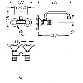Змішувач для кухні Tres Ese-23 двовентильний настінний відстань від стіни 257 мм хром 123215
