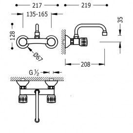 Смеситель для кухни Tres Ese-23 двухвентильный настенный расстояние от стены 208 мм хром 123314