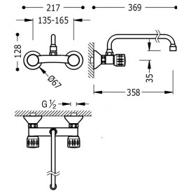 Змішувач для кухні Tres Ese-23 двовентильний настінний відстань від стіни 358 мм хром 123330