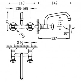 Смеситель для кухни Tres Tres-Сlasic color двухвентильный настенный золото 24221501OR