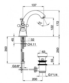 Змішувач для раковини Devit Charlestone двовентильний з донним клапаном хром CN60151019